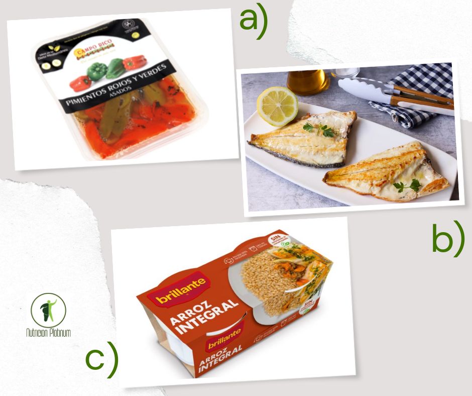 Pimientos asados en conserva con dorada a la plancha y vasito de arroz en el microondas